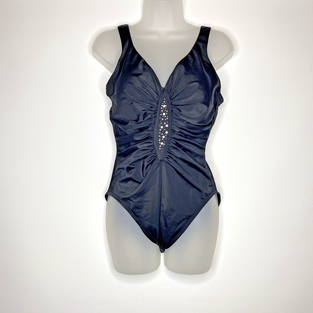Trimshaper Women's Sz 12 Black Studded Beaded One Piece Swimsuits Padded Bra